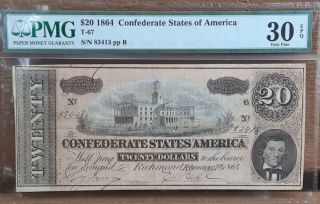 1864 Confederate Currency 20 Dollar Bill.  Pmg Certified 30 Epq.  Blue Color