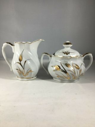 Vintage Lefton China Hand Painted Golden Wheat Creamer And Sugar Bowl Set 20183