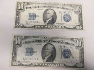 Two 1934 Us $10 Silver Certificate Notes