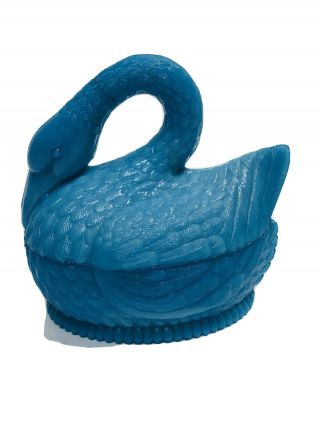 Vallerysthal Pv Opaline Blue Milk Glass Swan On Nest Lidded Candy Dish 7”