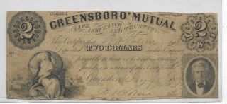 Usa State Of North Carolina Greenboro Mutual Bank 1859 Vg 2$ Very Rare