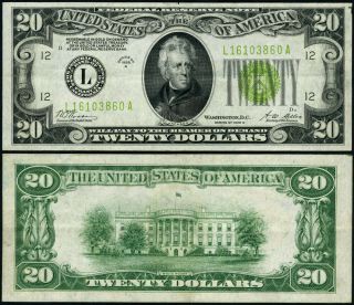 Fr.  2052 L $20 1928 - B Federal Reserve Note San Francisco Lgs L - A Block Au,