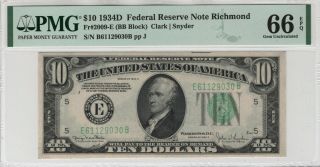 1934 D $10 Federal Reserve Note Richmond Fr.  2009 - E Pmg Gem Unc 66 Epq (030b)