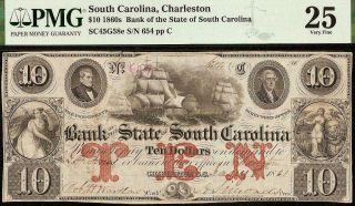 1861 $10 Dollar Bill South Carolina Bank Note Large Paper Money Pmg 25
