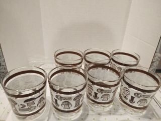 Set Of Seven Vintage Brown,  White,  Clear,  Mushroom Water Drinking Glasses