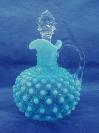 Fenton Hobnail Blue Opalescent Round Cruet Clear Glass Handle & Stopper 6 "