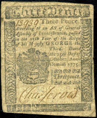 Hgr Sunday 1775 3 Pence Colonial Pa ( (revolutionary War Issue))  Grade