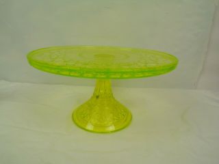 Vintage Vaseline Glass Round Pedestal Cake Stand,  Buttons And Bows Pattern