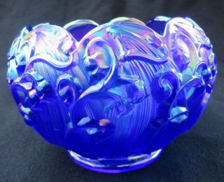 Fenton Art Glass Cobalt Blue Iridescent Carnival Lily Of The Valley Rose Bowl