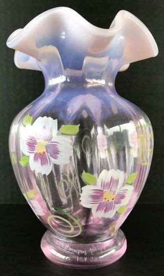 Fenton Art Glass Pink Opalescent Vase 7” Hand Painted Flowers Ruffled Edge