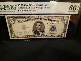 Gem Cu - Fr.  1656 1953 A $5 Silver Certificate,  Pmg 66 Epq 7