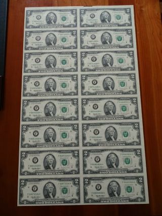 1995 - Uncut U.  S.  Currency Sheet - 16 X $2 Bills - F District