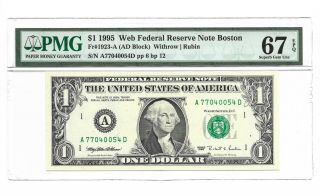 1995 $1 Boston " Web " Frn,  Pmg Gem Uncirculated 67 Epq Banknote,  A/d Block