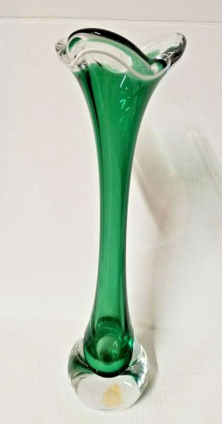 Green And Clear Hand Blown Vase.  Signed Flygsfors Coquille