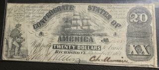 T - 18 1861 $20 Twenty Dollars Csa Confederate States Of America Currency Note