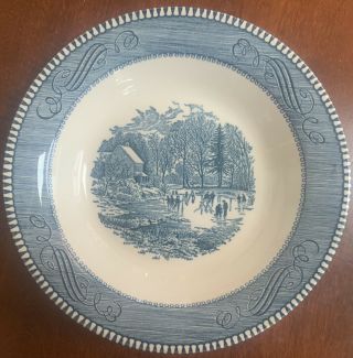 Vintage Currier And Ives Royal Blue “Early winter” Soup Bowl 3