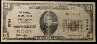 1929 $20 Nb Note Type 1 Ch 8764 Mcdowell National Bank Sharon Pa Ca419