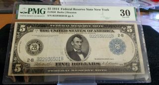 1914 $5 Federal Reserve Note Large Size Currency Vf 30