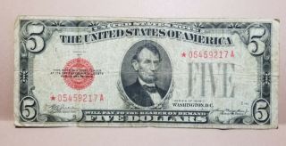 1928 $5 “red Seal” “star” Serial Federal Reserve Banknote
