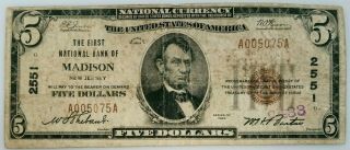 1929 $5 National Currency From The First National Bank Of Madison,  Jersey