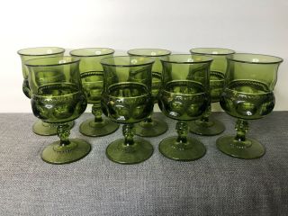 Vintage Set Of 8 Green Indiana Glass King Crown Thumb Print Water Wine Glasses