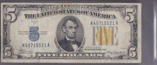 1934 A $5 Silver Certificate Yellow Seal Wwii North Africa Note Currency Ka
