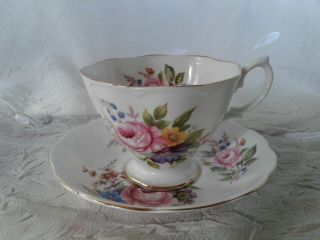 Royal Albert Pedestal Tea Cup And Saucer Floral & Gold Rare Htf