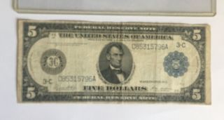 1914 $5 FRN FEDERAL RESERVE NOTE Large Size US Currency Blue Seal Circulated 2