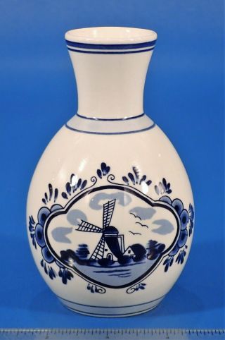 Delft Blue And White Hand Painted Windmill Scene Flower Vase 5 " Tall