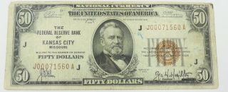 1929 Us National Currency $50 Dollar Paper Money Note Kansas City 560
