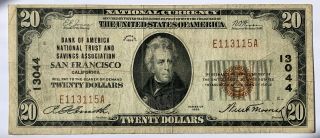 1929 $20 Bank Of America San Francisco,  Ca National Currency Brown Seal Banknote
