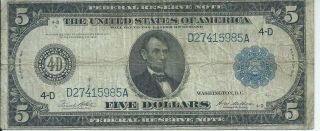 1914 Large Size Blue Seal $5 Lincoln Frn Cleveland,  Ohio 4 - D Fr 859a