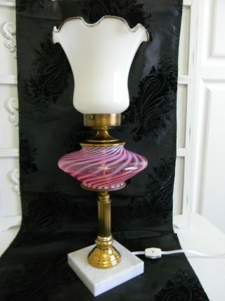 Vintage Fenton Cranberry Opalescent Swirl Banquet Lamp Marble Base