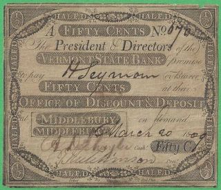1809 Vermont State Bank,  Middlebury Vt 50c Obsolete Note No.  670