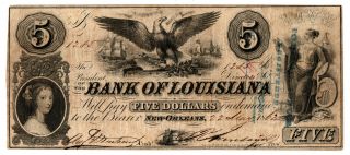 1862 Bank Of Louisiana Orleans Banknote $5
