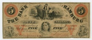 1860 $5 The Bank Of Hamburg,  South Carolina Note W/ Slave