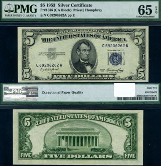 Fr.  1655 $5 1953 Silver Certificate C - A Block Gem Pmg Cu65 Epq