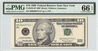 United States 1999 Fr.  2034 - B Pmg Gem Unc 66 Epq $10 Frn York Star