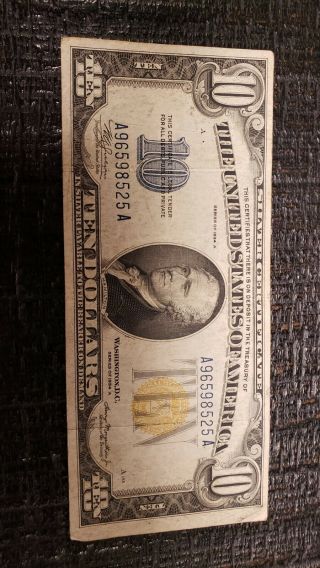 1934 A United States $10 Ten Dollars Silver Certificate Gold Seal Note Aa Block