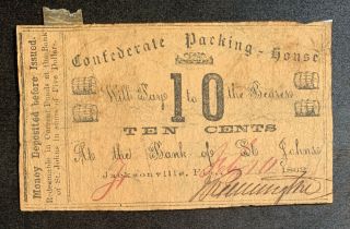 1862 Ten Cents Confederate Note,  Bank Of St.  Johns,  Jacksonville,  Fl