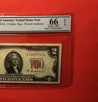 1953 - A - $2 Red Seal Legal Tender Note,  Graded By Pcgs Gem Unc 66 Opq.