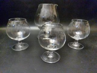 3 Vintage 1950s Noritake Sasaki Crystal Etched Bamboo Brandy Snifter And Pitcher
