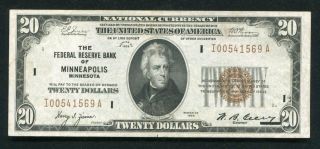 Fr.  1870 - I 1929 $20 Frbn Federal Reserve Bank Note Minneapolis,  Mn About Unc