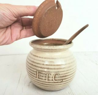 Hand Thrown Studio Small Clay Pottery Lid Jar Wood Spoon Etc.