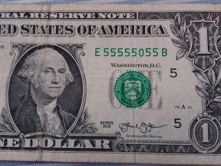 One Dollar Bill,  7 Solid Numbers In A Row E 55555055 B From Virginia 2013