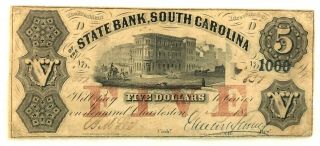 Civil War Era State Bank Of South Carolina $5 Note