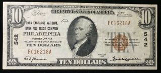 1929 $10 Nb Note Type 1 Ch 542 Corn Exchange National Bank Philadelphia Pa Ca407