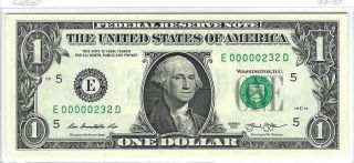 Low 3 - Digit Serial 00000232 - $1 Federal Reserve Note - Crisp Uncirculated