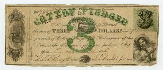1862 Cr.  19 $3 The State Of Mississippi " Cotton Pledged " Note - Civil War Era