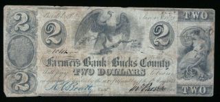 1841 $2 The Farmers Bank Of Bucks County Bristol Pennsylvania Us Obsolete Note